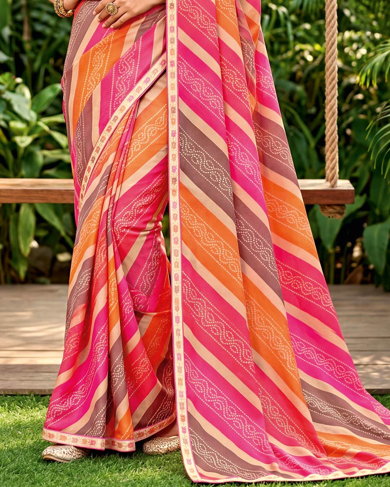Vishal Prints Dark Pink And Dusty Orange Printed Georgette Traditional Print Saree With Fancy Border