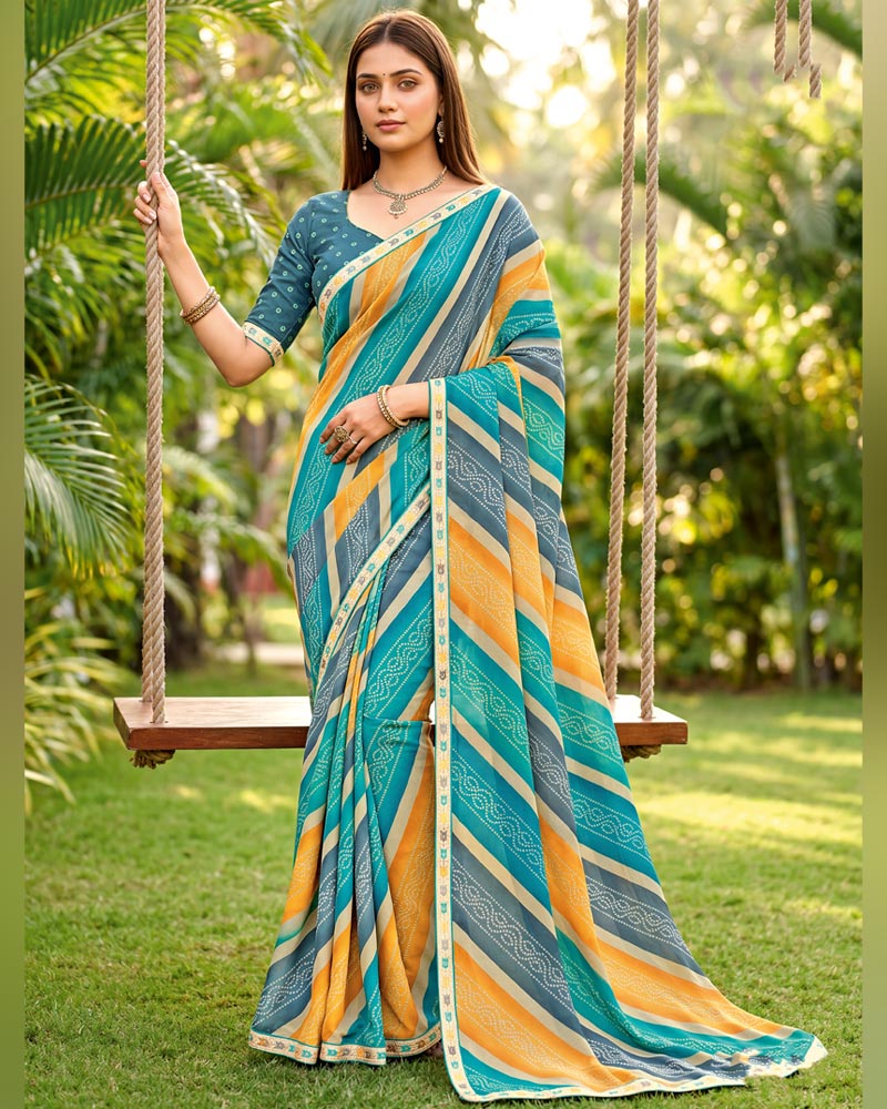 Vishal Prints Light Sea Green And Light Orange Printed Georgette Traditional Print Saree With Fancy Border