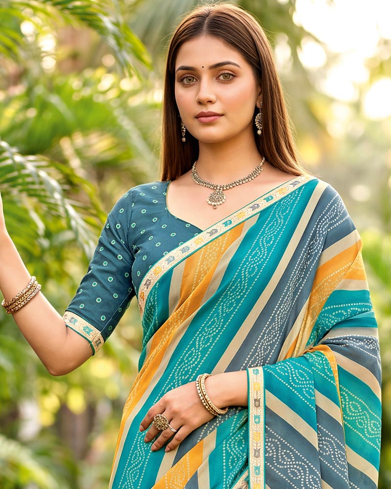 Vishal Prints Light Sea Green And Light Orange Printed Georgette Traditional Print Saree With Fancy Border