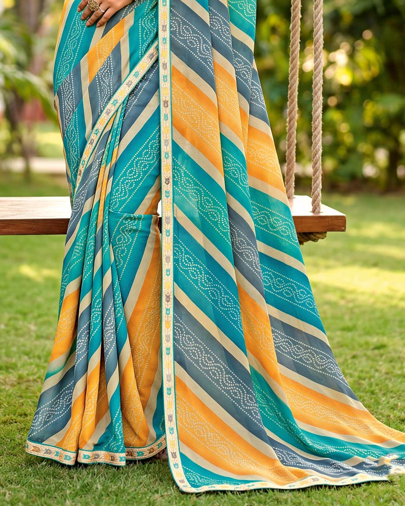 Vishal Prints Light Sea Green And Light Orange Printed Georgette Traditional Print Saree With Fancy Border