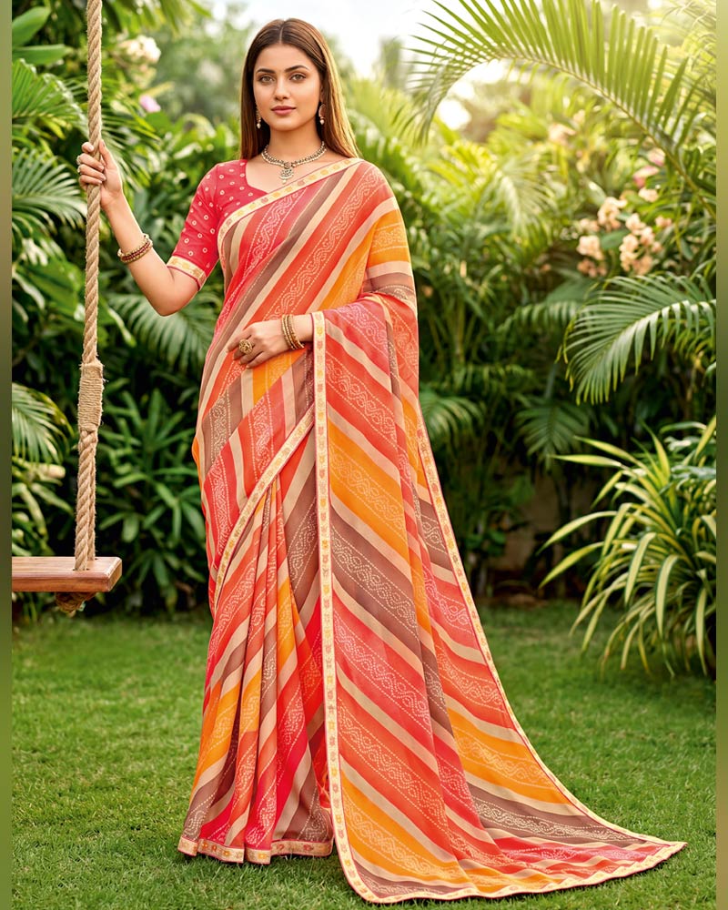 Vishal Prints Carmine Pink And Salmon Orange Printed Georgette Traditional Print Saree With Fancy Border