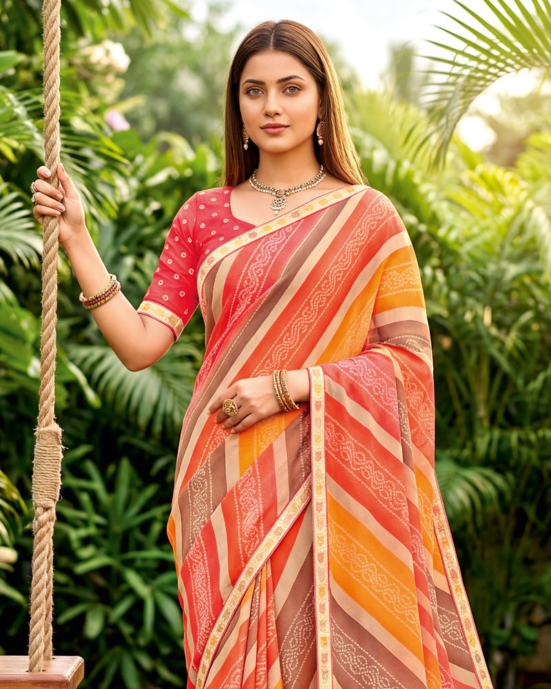 Vishal Prints Carmine Pink And Salmon Orange Printed Georgette Traditional Print Saree With Fancy Border