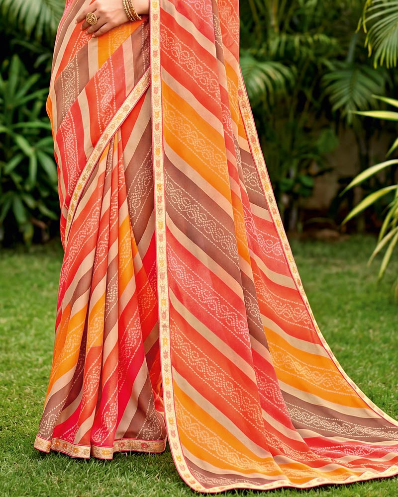 Vishal Prints Carmine Pink And Salmon Orange Printed Georgette Traditional Print Saree With Fancy Border