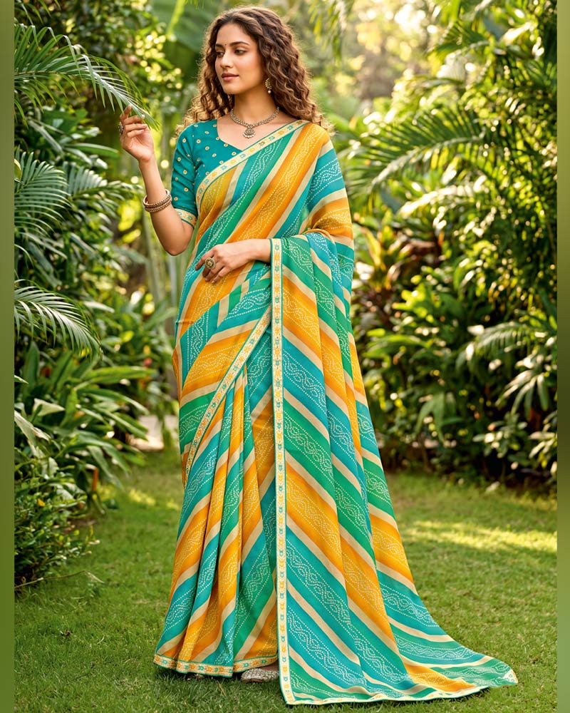 Vishal Prints Light Sea Green And Orange Printed Georgette Traditional Print Saree With Fancy Border