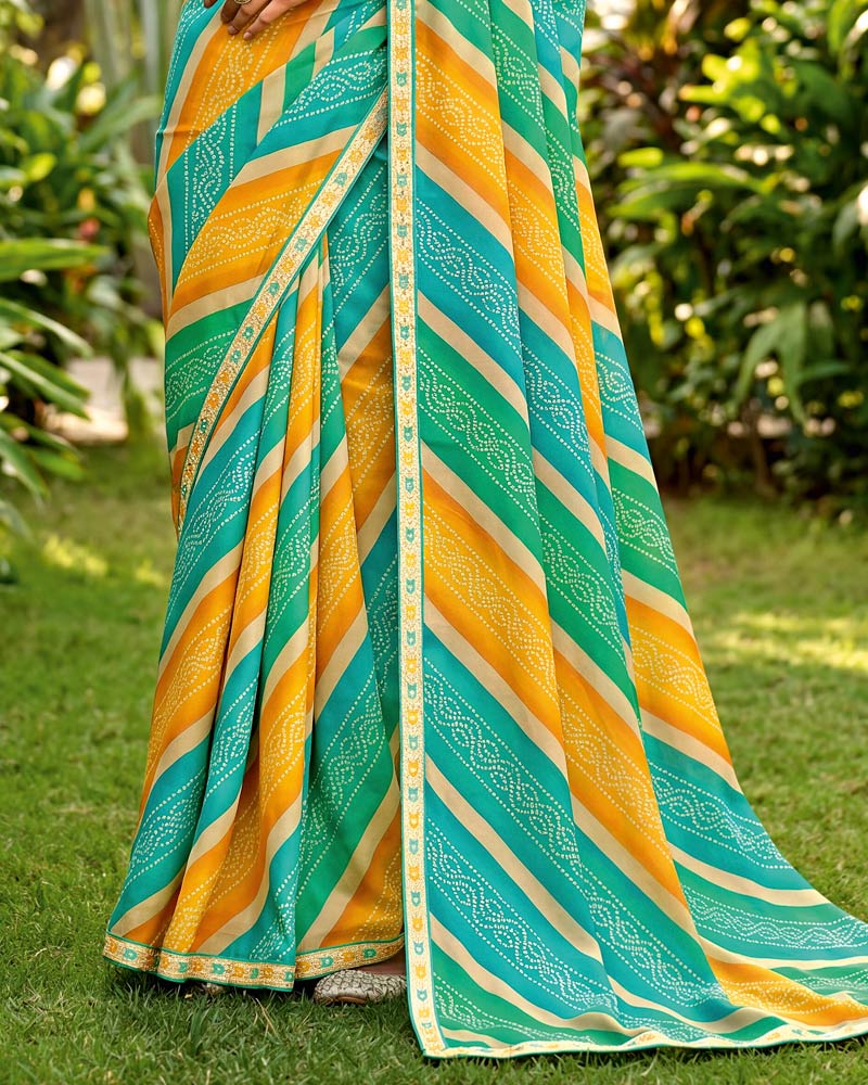 Vishal Prints Light Sea Green And Orange Printed Georgette Traditional Print Saree With Fancy Border