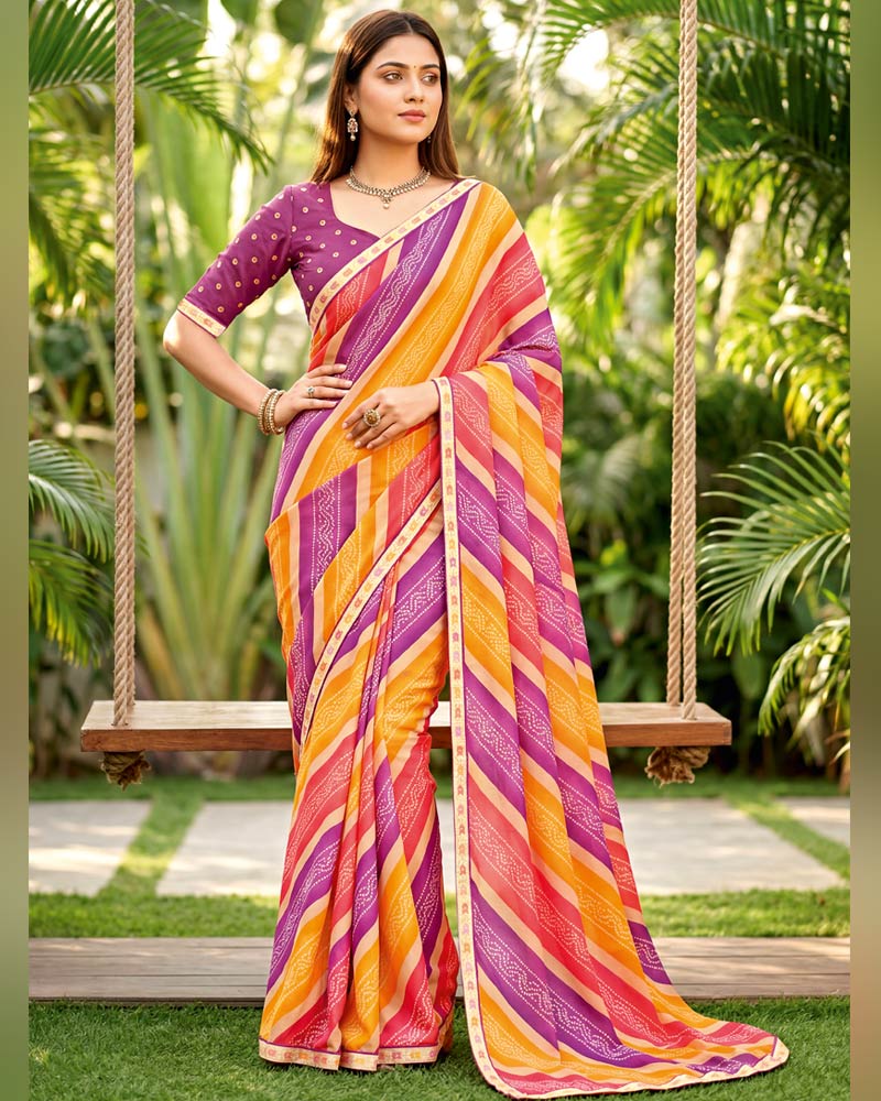 Vishal Prints Light Plum And Orange Printed Georgette Traditional Print Saree With Fancy Border