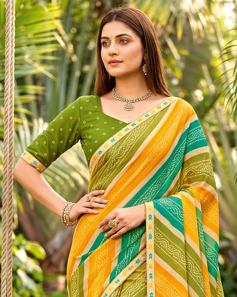 Vishal Prints Olive Yellow And Orange Printed Georgette Traditional Print Saree With Fancy Border