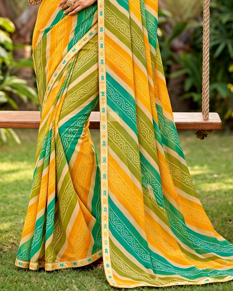 Vishal Prints Olive Yellow And Orange Printed Georgette Traditional Print Saree With Fancy Border