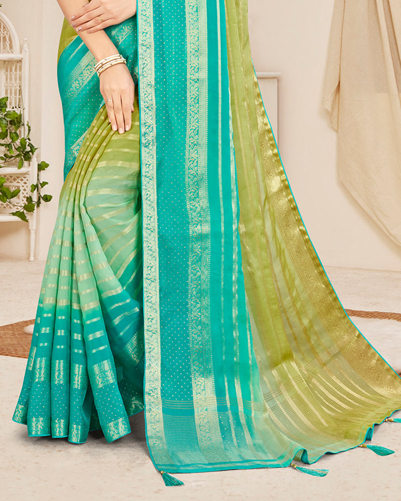 Vishal Prints Light Mehandi Green Designer Georgette Saree With Viscose Lining, Diamond Work And Zari Weaving