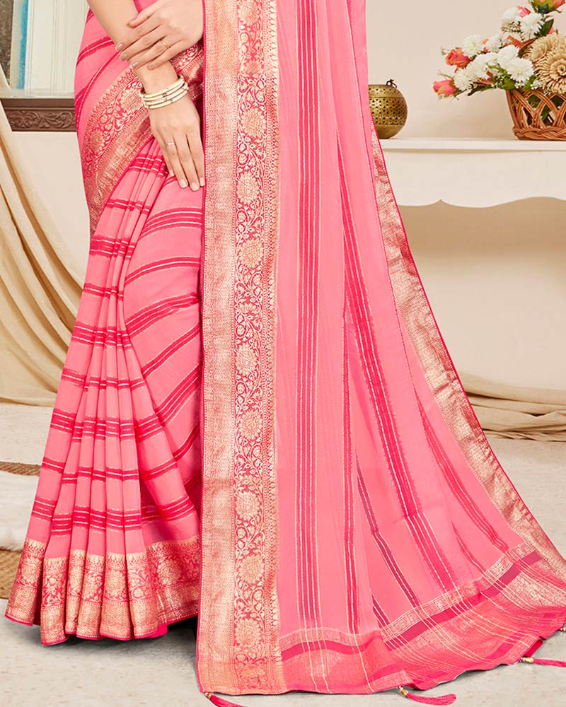 Vishal Prints Rose Pink Designer Georgette Saree With Viscose Lining, Diamond Work And Zari Weaving