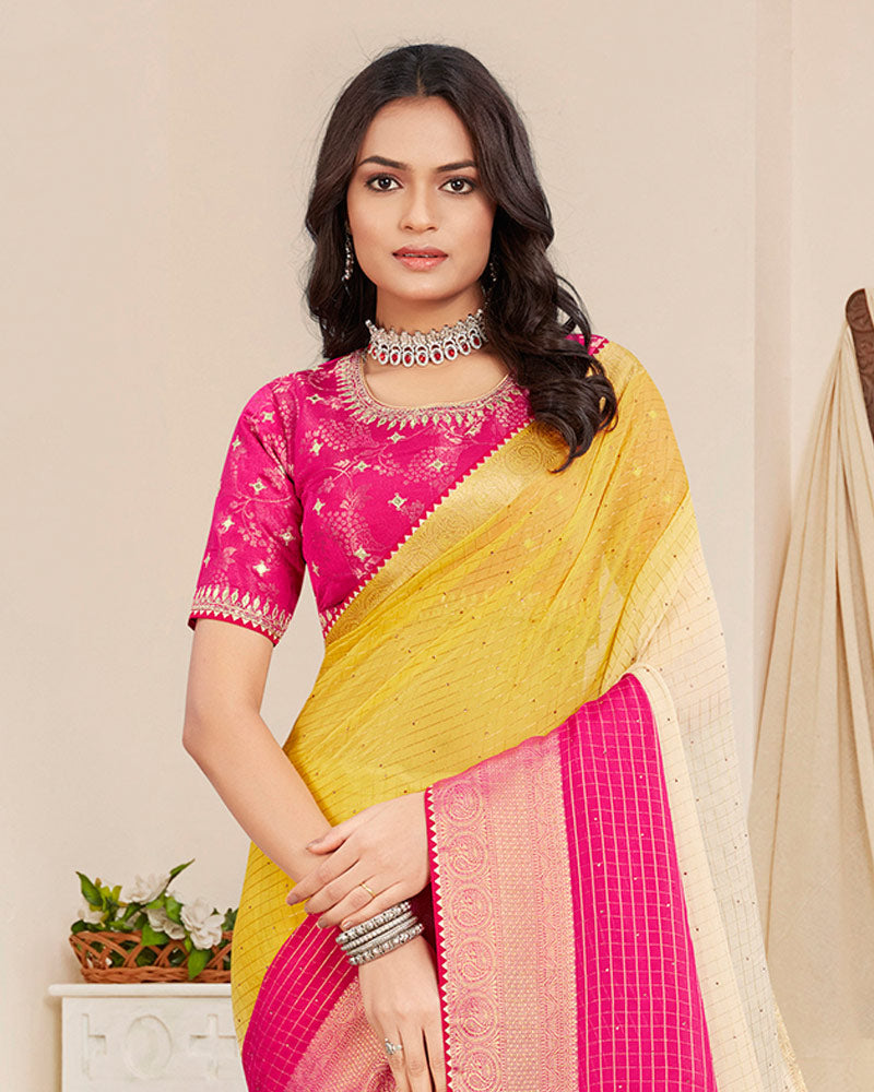 Vishal Prints Hot Pink Designer Georgette Saree With Viscose Lining, Embroidery Work And Zari Weaving