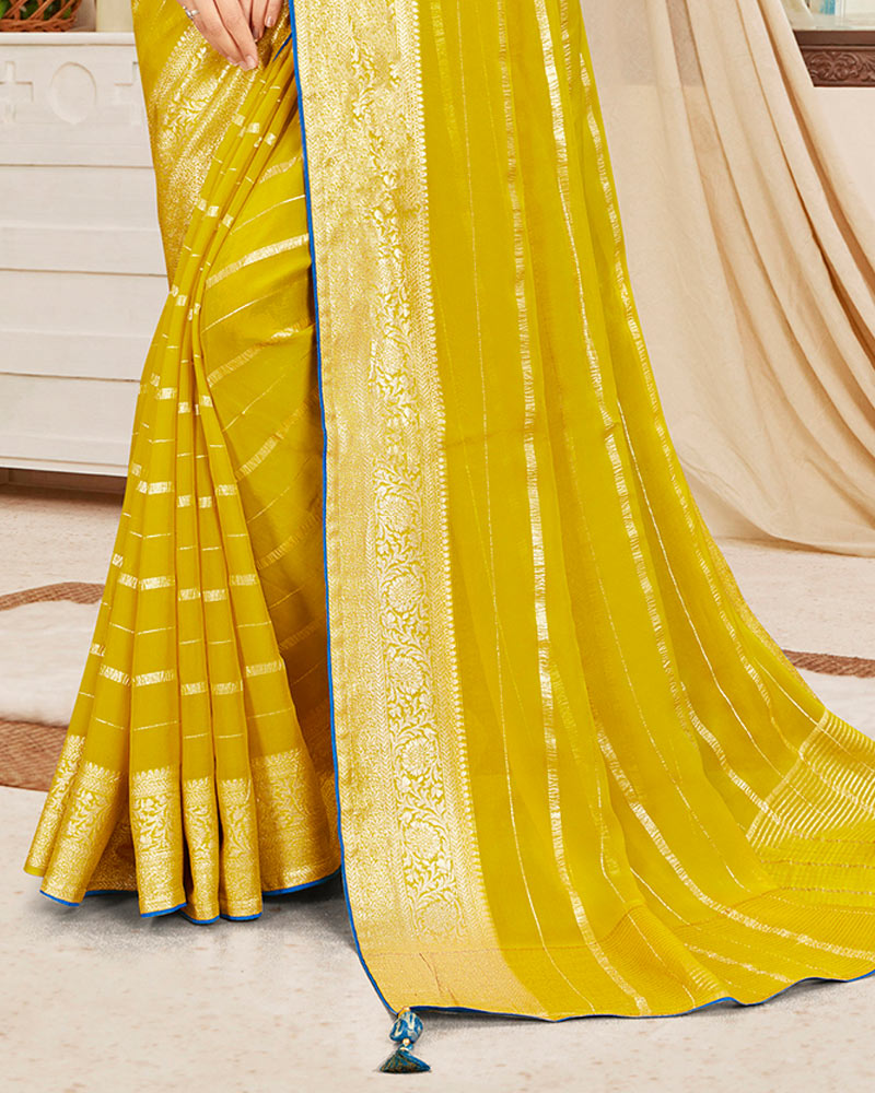 Vishal Prints Olive Yellow Designer Georgette Saree With Viscose Lining, Diamond Work And Zari Weaving