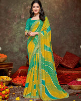 Vishal Prints Orange Yellow Printed Brasso Traditional Print Saree With Foil Print And Fancy Border