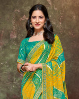 Vishal Prints Orange Yellow Printed Brasso Traditional Print Saree With Foil Print And Fancy Border