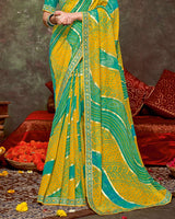 Vishal Prints Orange Yellow Printed Brasso Traditional Print Saree With Foil Print And Fancy Border