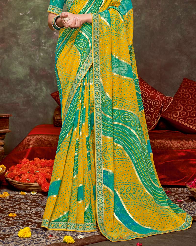 Vishal Prints Orange Yellow Printed Brasso Traditional Print Saree With Foil Print And Fancy Border