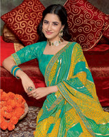 Vishal Prints Orange Yellow Printed Brasso Traditional Print Saree With Foil Print And Fancy Border