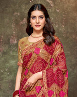 Vishal Prints Paprika Red Printed Brasso Traditional Print Saree With Foil Print And Fancy Border