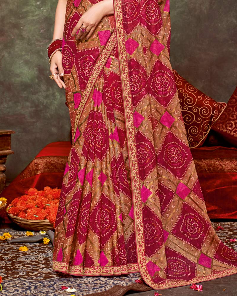 Vishal Prints Paprika Red Printed Brasso Traditional Print Saree With Foil Print And Fancy Border