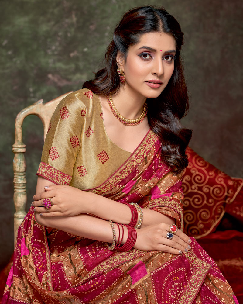 Vishal Prints Paprika Red Printed Brasso Traditional Print Saree With Foil Print And Fancy Border