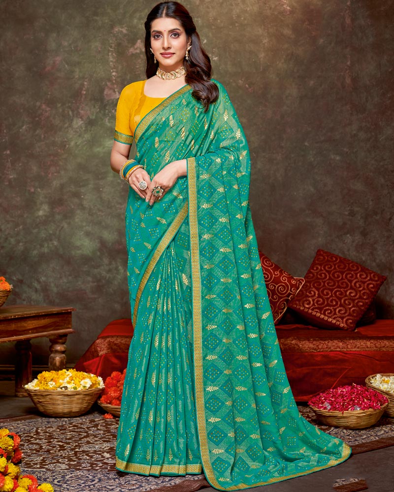 Vishal Prints Jade Green Printed Brasso Traditional Print Saree With Foil Print And Fancy Border