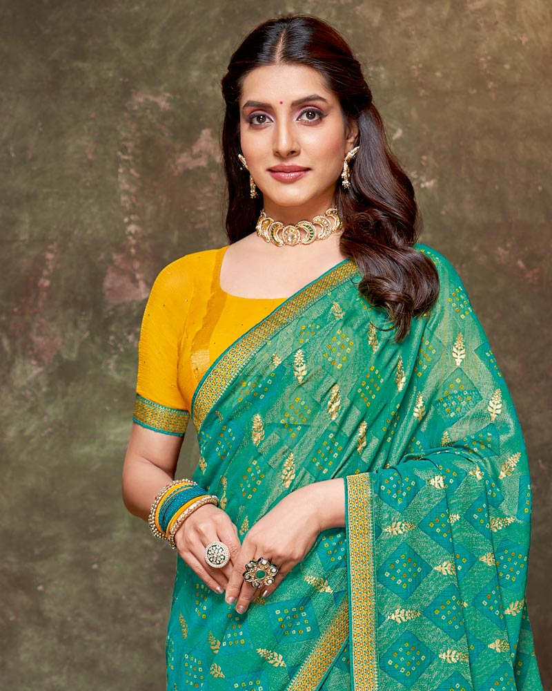 Vishal Prints Jade Green Printed Brasso Traditional Print Saree With Foil Print And Fancy Border