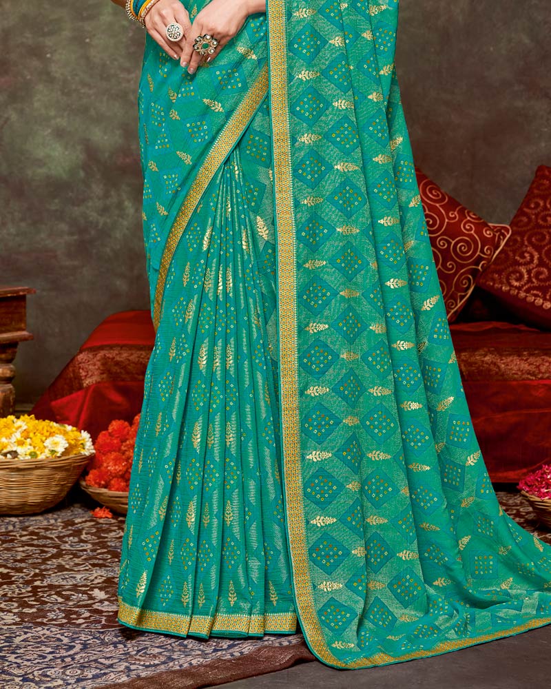 Vishal Prints Jade Green Printed Brasso Traditional Print Saree With Foil Print And Fancy Border