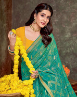 Vishal Prints Jade Green Printed Brasso Traditional Print Saree With Foil Print And Fancy Border