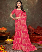 Vishal Prints Pastel Red Pink Printed Brasso Saree With Foil Print And Fancy Border