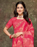 Vishal Prints Pastel Red Pink Printed Brasso Saree With Foil Print And Fancy Border