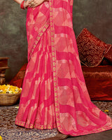 Vishal Prints Pastel Red Pink Printed Brasso Saree With Foil Print And Fancy Border