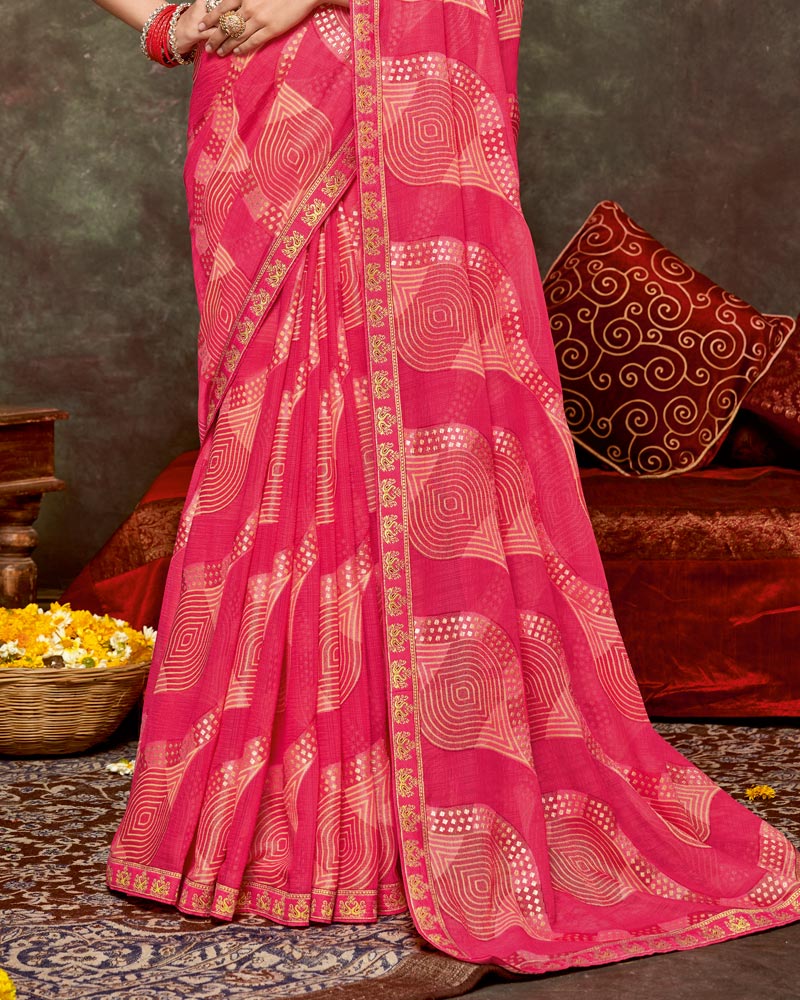 Vishal Prints Pastel Red Pink Printed Brasso Saree With Foil Print And Fancy Border
