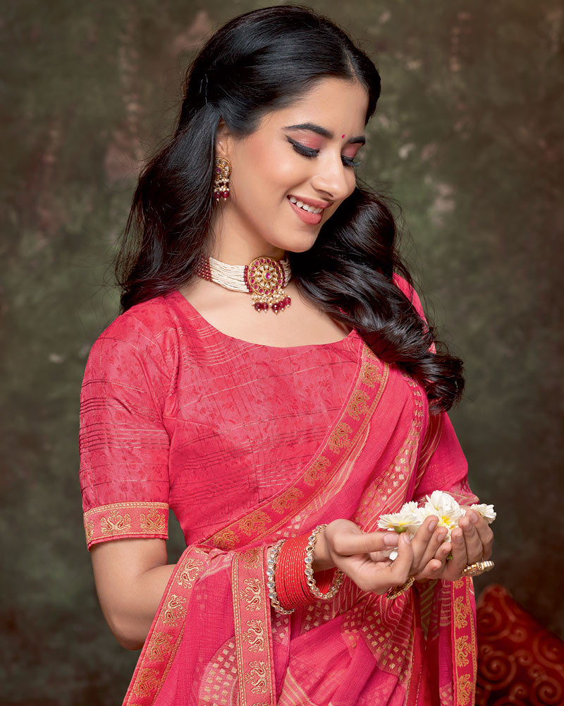 Vishal Prints Pastel Red Pink Printed Brasso Saree With Foil Print And Fancy Border