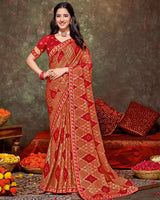 Vishal Prints Chili Red Printed Brasso Traditional Print Saree With Foil Print And Fancy Border