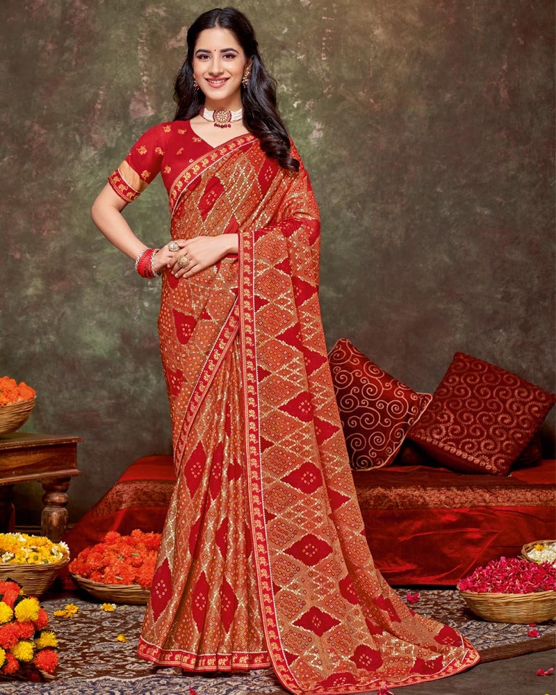 Vishal Prints Chili Red Printed Brasso Traditional Print Saree With Foil Print And Fancy Border