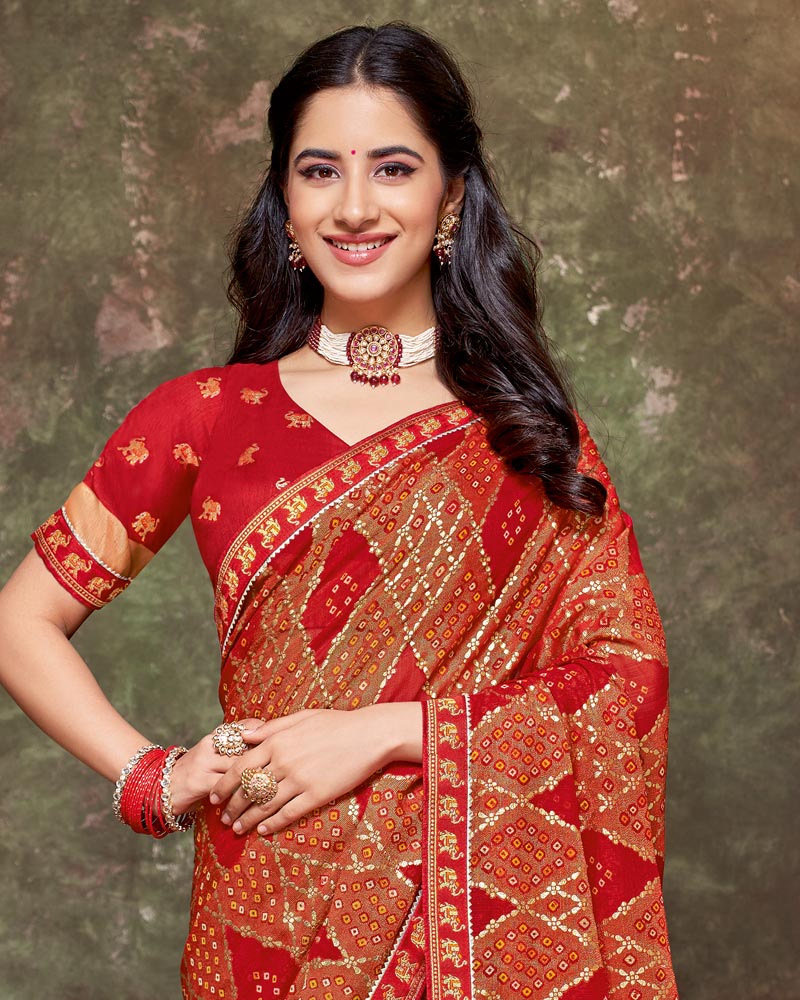 Vishal Prints Chili Red Printed Brasso Traditional Print Saree With Foil Print And Fancy Border