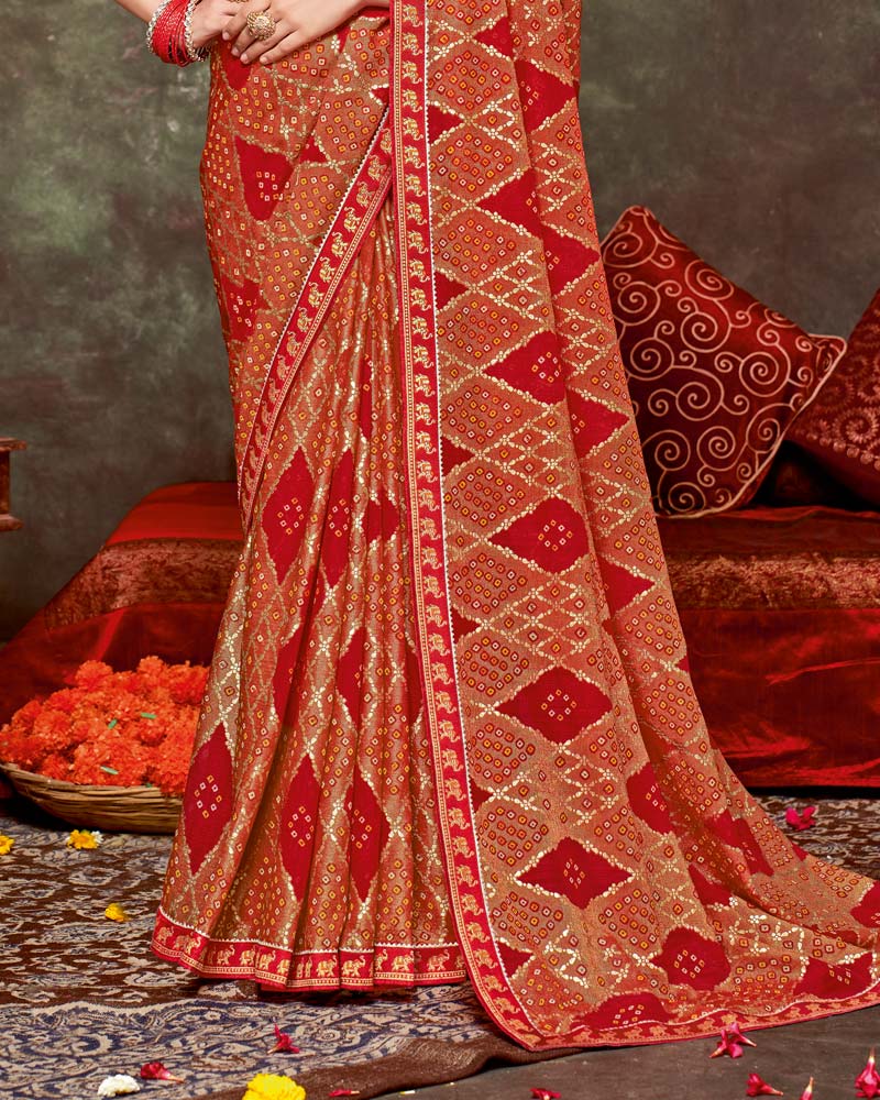 Vishal Prints Chili Red Printed Brasso Traditional Print Saree With Foil Print And Fancy Border