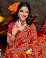 Vishal Prints Chili Red Printed Brasso Traditional Print Saree With Foil Print And Fancy Border