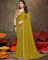 Vishal Prints Mustard Brown Printed Brasso Saree With Foil Print And Fancy Border