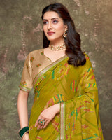 Vishal Prints Mustard Brown Printed Brasso Saree With Foil Print And Fancy Border