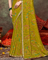 Vishal Prints Mustard Brown Printed Brasso Saree With Foil Print And Fancy Border