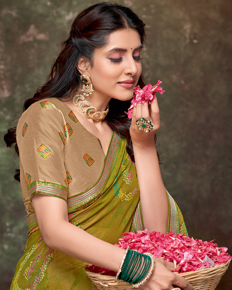 Vishal Prints Mustard Brown Printed Brasso Saree With Foil Print And Fancy Border