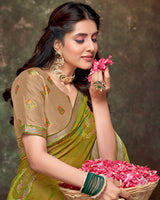 Vishal Prints Mustard Brown Printed Brasso Saree With Foil Print And Fancy Border