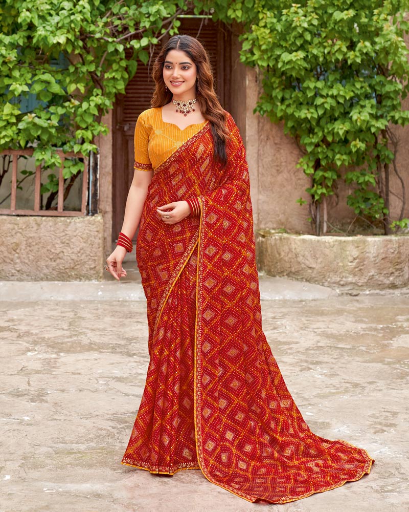 Vishal Prints Dark Red-Orange Printed Fancy Chiffon Traditional Print Saree With Fancy Border