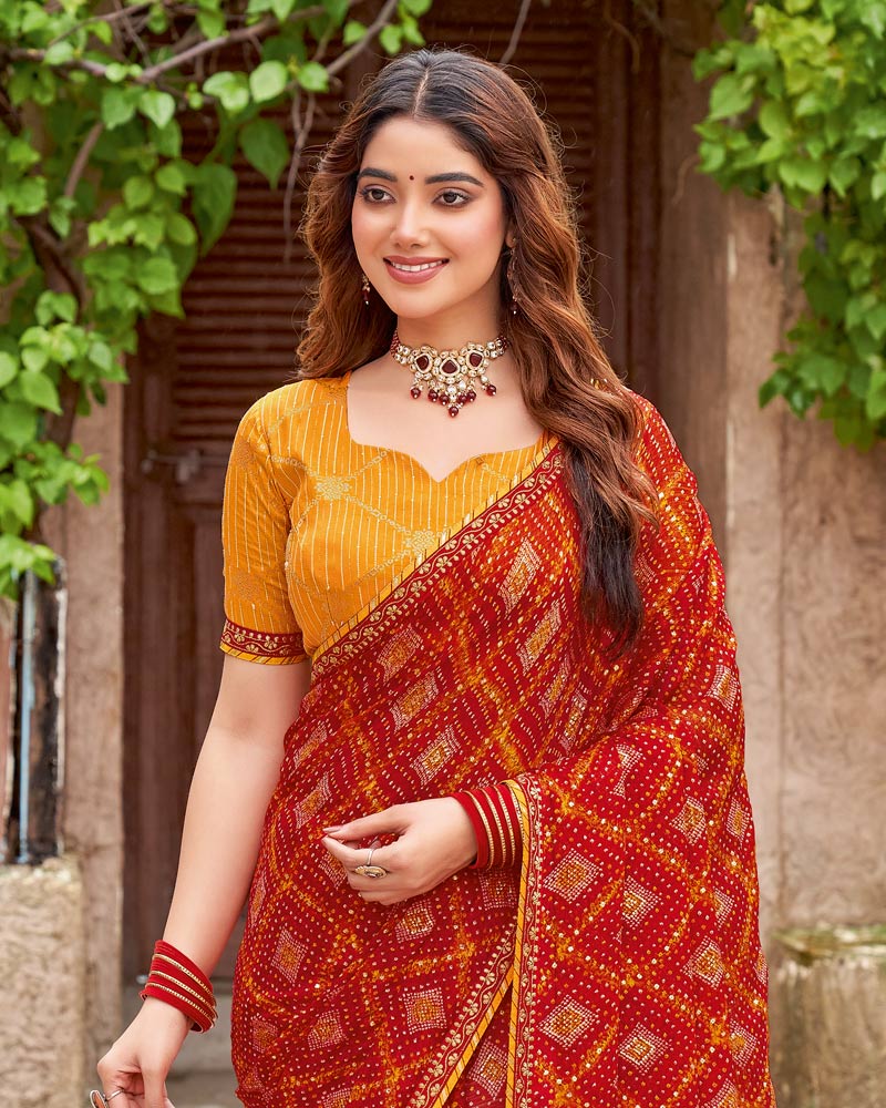 Vishal Prints Dark Red-Orange Printed Fancy Chiffon Traditional Print Saree With Fancy Border