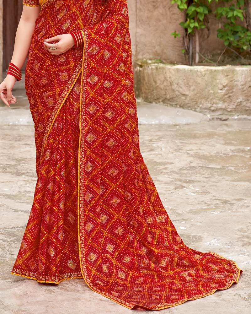 Vishal Prints Dark Red-Orange Printed Fancy Chiffon Traditional Print Saree With Fancy Border