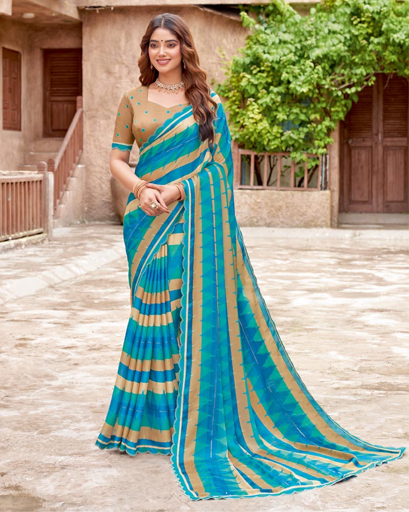 Vishal Prints Ocean Blue And Persian Green Printed Fancy Chiffon Designer Saree With Cut Work Border