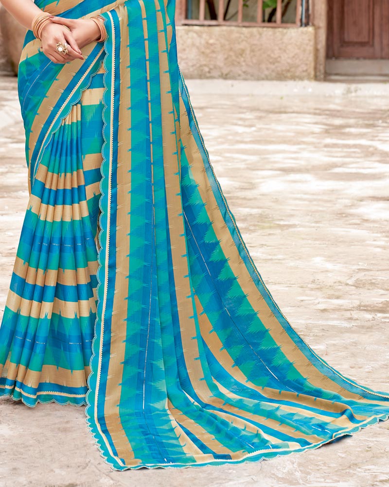 Vishal Prints Ocean Blue And Persian Green Printed Fancy Chiffon Designer Saree With Cut Work Border
