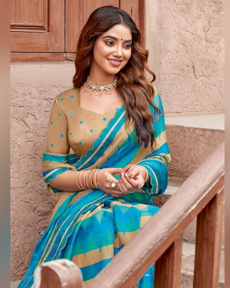 Vishal Prints Ocean Blue And Persian Green Printed Fancy Chiffon Designer Saree With Cut Work Border