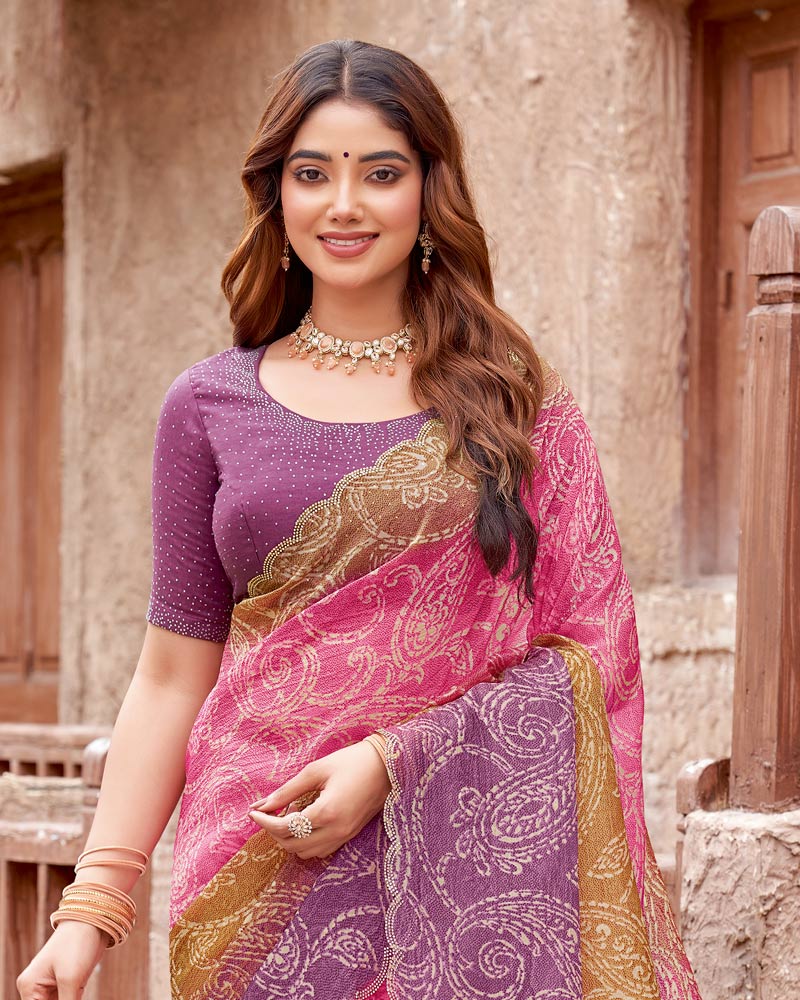 Vishal Prints Dusky Purple Printed Fancy Chiffon Designer Saree With Cut Work Border